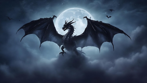 A dark and eerie Halloween night sky illuminated by a dragon silhouette its wings spread wide