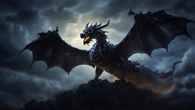 A dark and eerie Halloween night sky illuminated by a dragon silhouette its wings spread wide