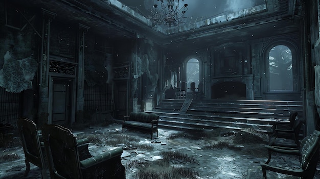 Photo a dark and eerie mansion is in disrepair the roof is caved in and the walls are cracked and peeling the furniture is broken and covered in dust