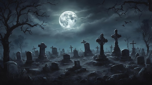 달빛으로 빛나는 묘지의 어고 무서운 장면으로 좀비의 손이 땅 밖으로 어나오고 있습니다.