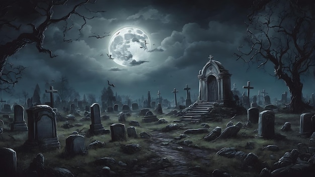 A dark and eerie scene of a moonlit graveyard with zombie hands clawing their way out of the ground