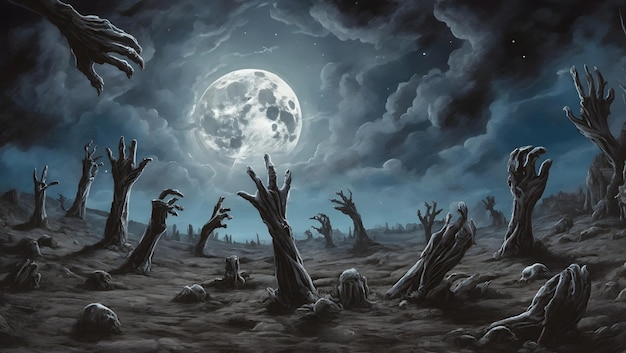 A dark and eerie scene of a moonlit graveyard with zombie hands clawing their way out of the ground