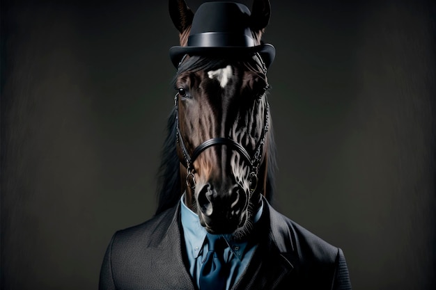 Dark Elegance Black Horse Executive in een Suited Hat Generative Ai