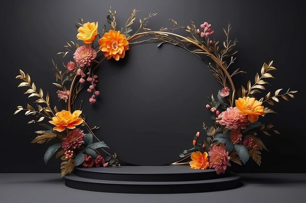 Dark elegant podium scene for product presentation with realistic decorative flowers and branches still life style professional product display placement template