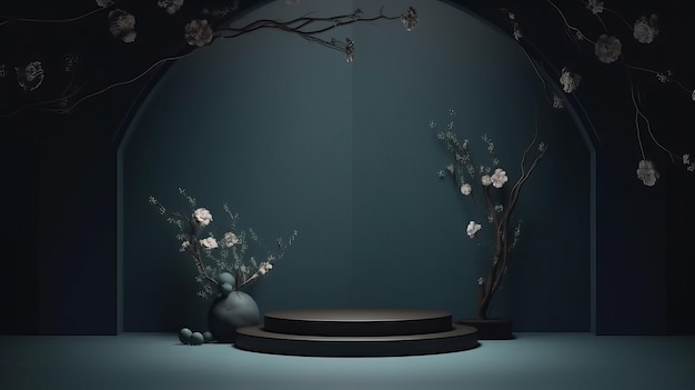 Dark elegant podium with flowers Illustration AI Generative