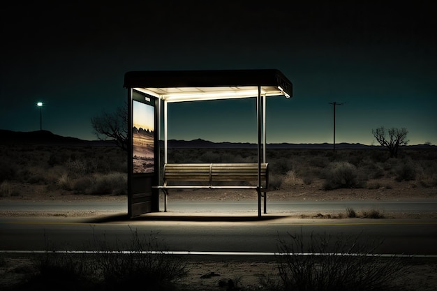 Темная и пустая автобусная остановка, освещенная одним фонарным столбом ночью, созданная с помощью генеративного ИИ