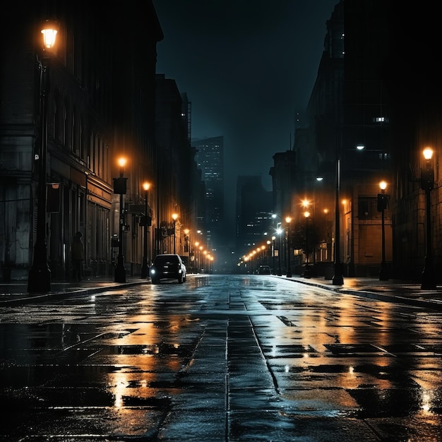 A dark and empty city street with a car parked in the foreground