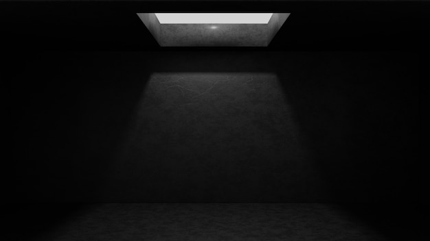 Dark empty concrete room with light shine from celling hole.3drender illustration.