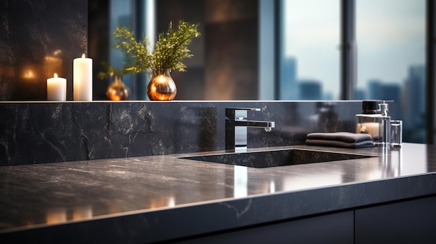 Dark empty marble surface table top sink for product display modern bathroom interior Generative ai