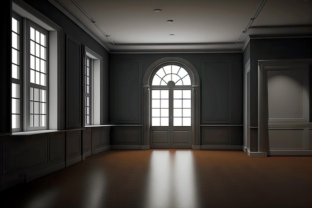 Dark empty office room with clic interior and bay window