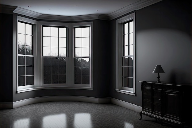 Dark empty office room with clic interior and bay window