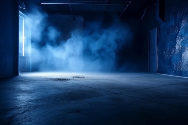 A dark empty room with a blue smoke cloud in the corner