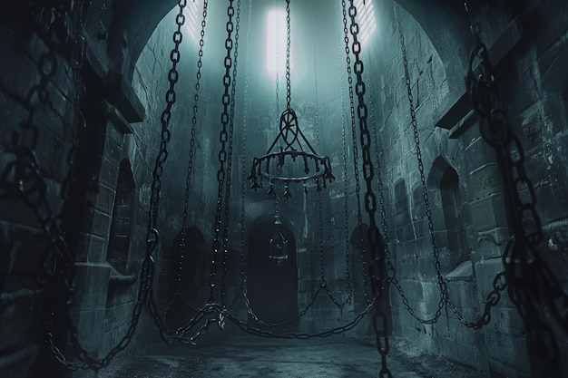 A dark empty room with chains hanging from the ceiling