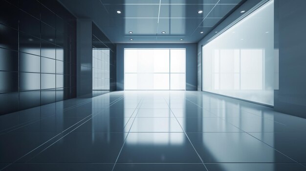 A dark empty room with a large window and a light on the ceiling.