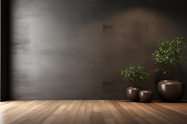 Темная пустая комната с растением в горшке над бетонной стеной и деревянным полом на фоне.