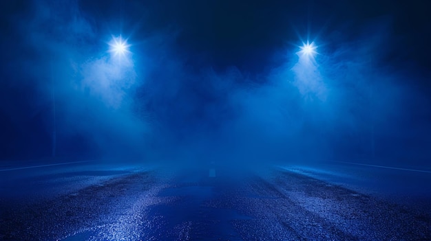 A dark empty street blue background dark scene neon light spotlights The asphalt floor and studio room