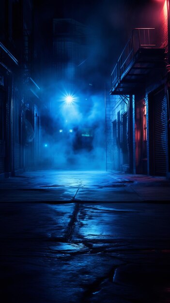 暗い空の街 暗い青い背景 空の暗いシーン ネオンライト スポットライト アスファルトの床とスタジオの部屋は 煙で浮かび上がる インテリアの質感 AIが生成した
