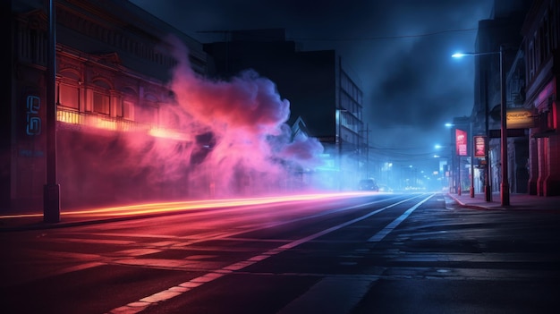 Photo a dark empty street dark blue background an empty dark scene neon light spotlights the asphalt floor and studio room with smoke float up the interior texture