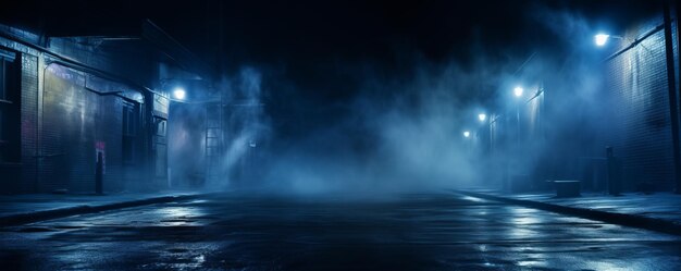 A dark empty street dark blue background an empty dark scene neon light spotlights The asphalt floor