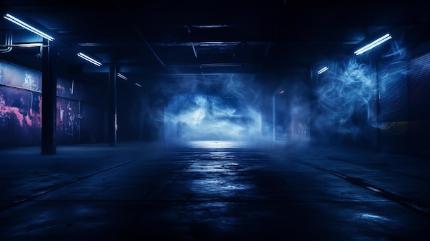 Темная пустая улица темно-голубой фон пустая темная сцена неоновый свет прожекторы асфальтный пол.