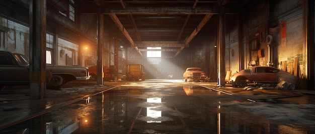 A dark empty warehouse with a light coming through the center Generative AI