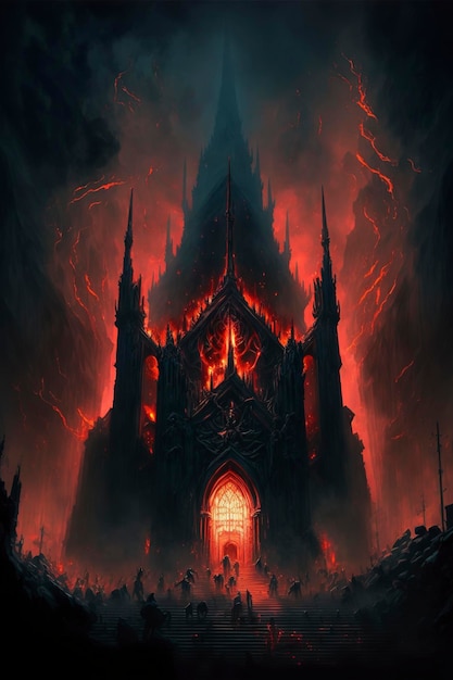 dark evil cathedral in hell, fire, smoke