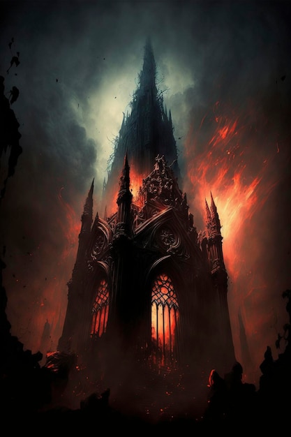 dark evil cathedral in hell, fire, smoke