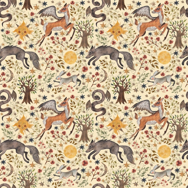 Dark fairy tale animals hare wolf bear deer Stars sun Seamless pattern watercolor illustration