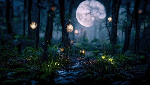 Foto foresta di fantasia da favola oscura paesaggio forestale notturno con bagliori magici illustrazione 3d al neon di luci notturne magiche della foresta astratta