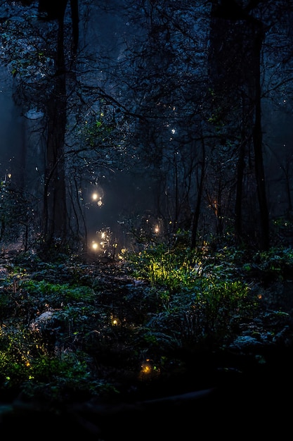 어두운 동화 판타지 숲 마법의 빛과 밤 숲 풍경 추상 숲 마법의 판타지 야간 조명 네온 3D 그림