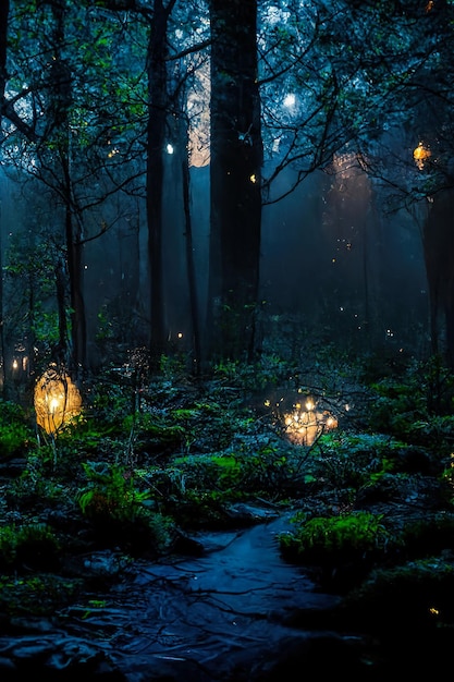 Foresta di fantasia da favola oscura paesaggio forestale notturno con bagliori magici illustrazione 3d al neon di luci notturne magiche della foresta astratta