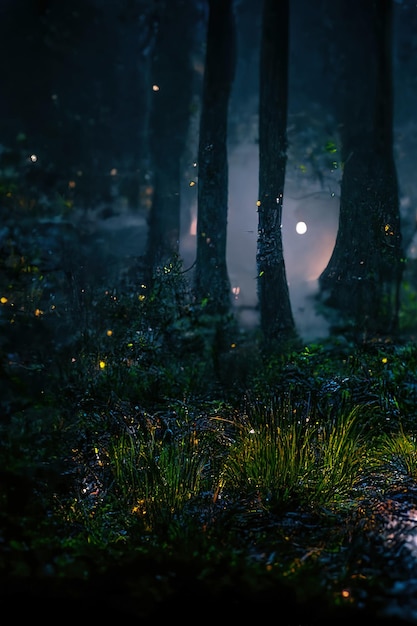 暗いおとぎ話のファンタジーの森魔法の輝きを持つ夜の森の風景抽象的な森の魔法のファンタジーの夜のライトネオン3Dイラスト