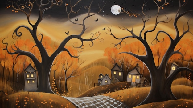 Photo dark fairytale fantasy mystery forest mystical forest illustration cartoon style landscape for halloween background generative ai