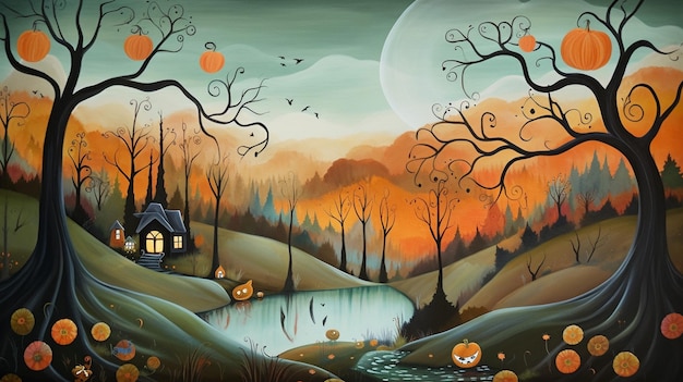 Dark fairytale fantasy mystery forest Mystical forest illustration cartoon style landscape for halloween background generative AI