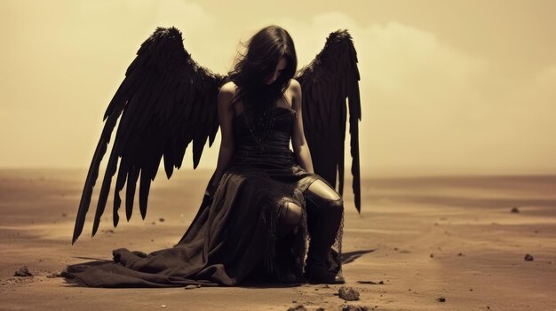 사진 어두운 날개를 가진 여자의 형태로 떨어진 어두운 천사, 지상의 지옥의 메신저.