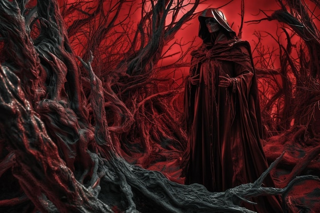 A dark fantasy art of death in a red forest