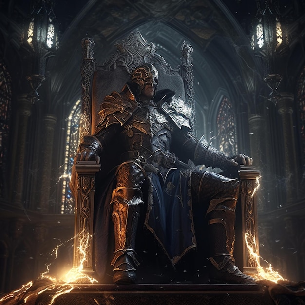 A dark fantasy art of a king sitting on a throne