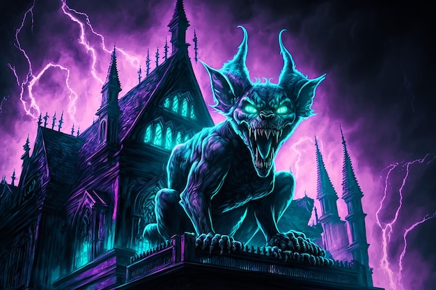 A dark fantasy art of a monster with a purple and blue lighting.