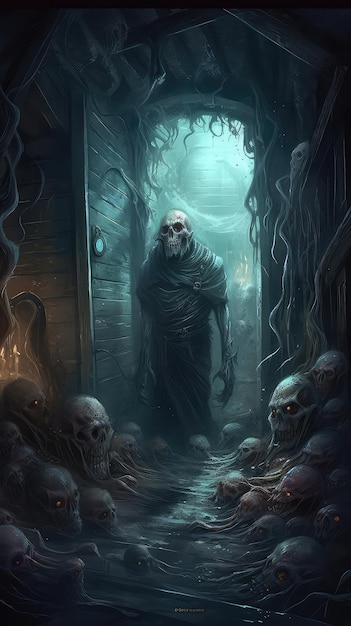 A dark fantasy art print featuring a creepy creature in a doorway.