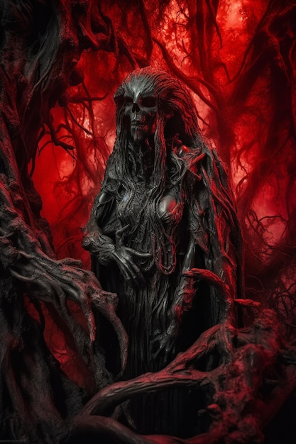 A dark fantasy artwork of a woman with a tree trunk and the words'the witch'on it.