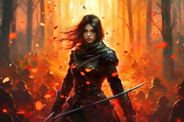 A dark fantasy beautiful woman rogue with many weapons in a burning forest illustration generative ai