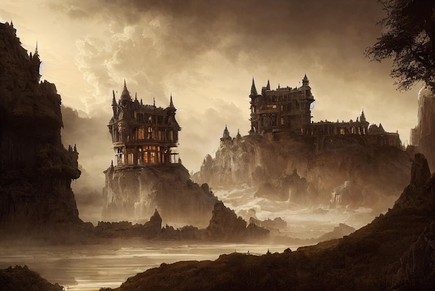 Dark fantasy castle concept art illustration