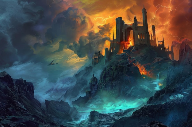 dark fantasy castle in fiery storm overlooks raging sea