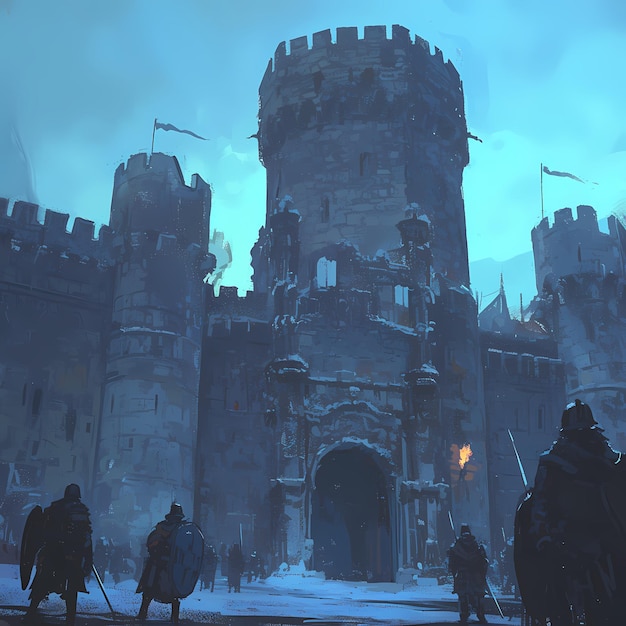 Dark Fantasy Castle with Soldiers Snow and War Aura