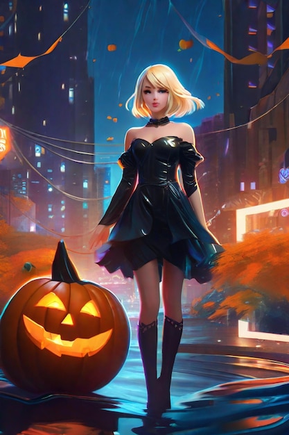 Dark Fantasy Dynamic Pose of Korean Anime Girl with Bob Short Hair in Halloween Night City