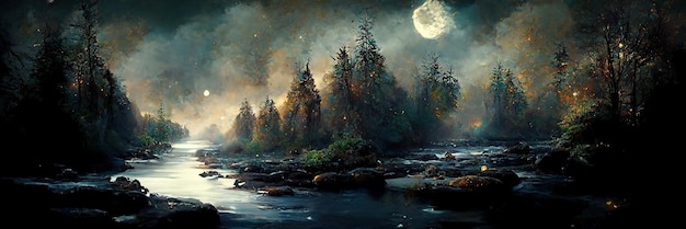 Dark fantasy forest. River in the forest with stones on the shore. Moonlight, night forest landscape