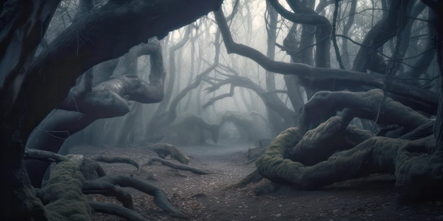 Dark fantasy forest with creepy trees Generative AI illustratio