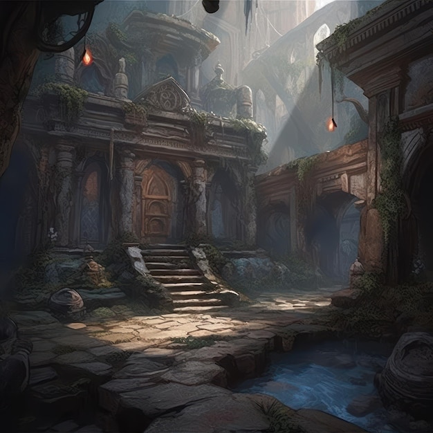 A dark fantasy landscape with a door and a stone building.