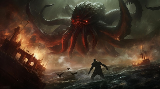 Dark fantasy scene showing Cthulhu the giant sea mon