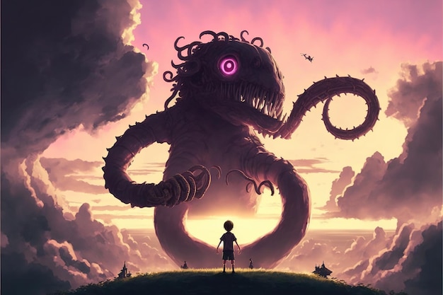 Dark fantasy scene showing a kid standing on a giant monster with blistering skin and tentacles digital art style illustration painting fantasy concept of a kid near the giant monster